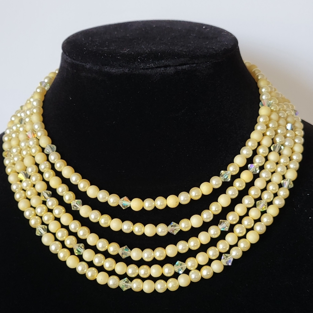 Vintage Japan Yellow Faux Pearl and AB Crystal Necklace